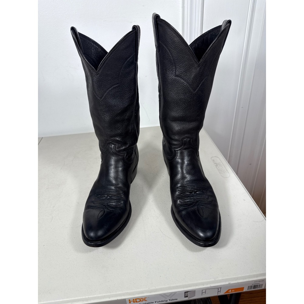 JUSTIN LEATHER MEN Western Cowboy Boots Pointed Toe Stacked Heel Pull On 9.5D